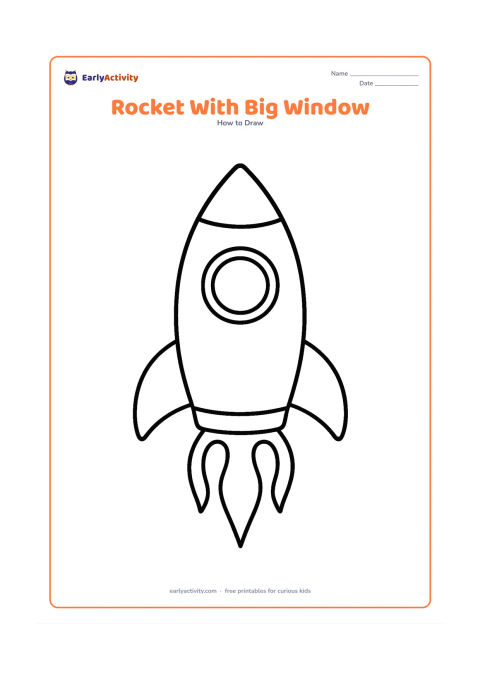 Worksheet: A broad upright rocket with a large round window, two short fins, a pointed nose and three wide curved flames. Place it alone in the centre for children to trace and colour, with no…