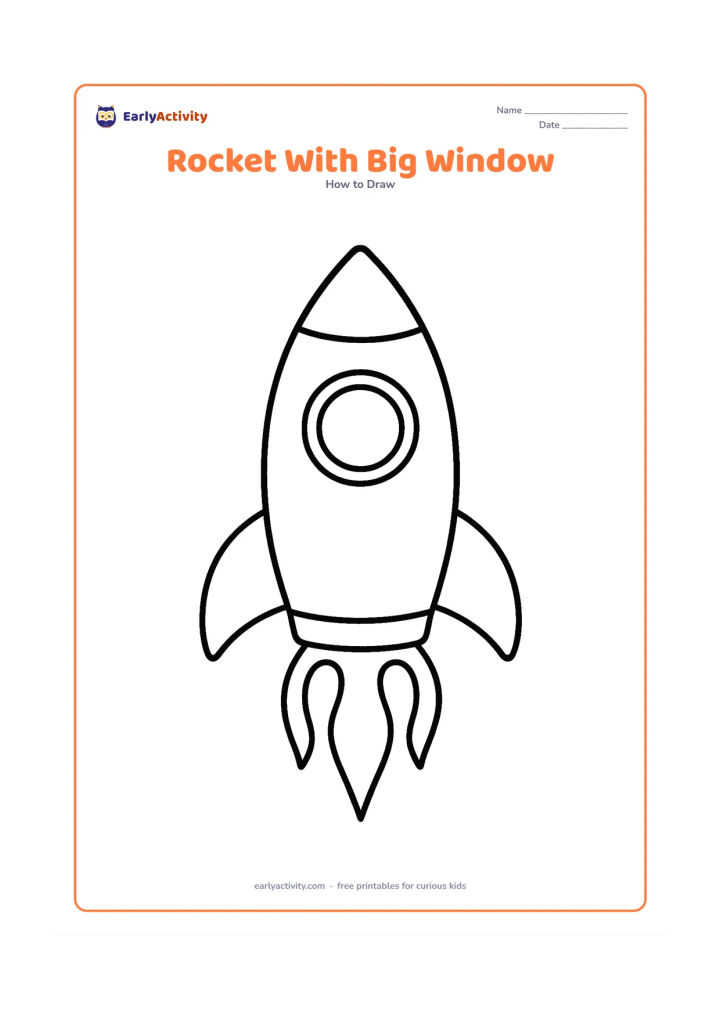 Worksheet: A broad upright rocket with a large round window, two short fins, a pointed nose and three wide curved flames. Place it alone in the centre for children to trace and colour, with no…