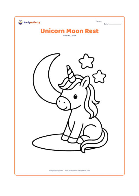 Worksheet: A friendly unicorn sitting beside a large crescent moon and two rounded stars, with its tail curled around its feet. Use very simple outlines and a small patch of ground beneath the unicorn.