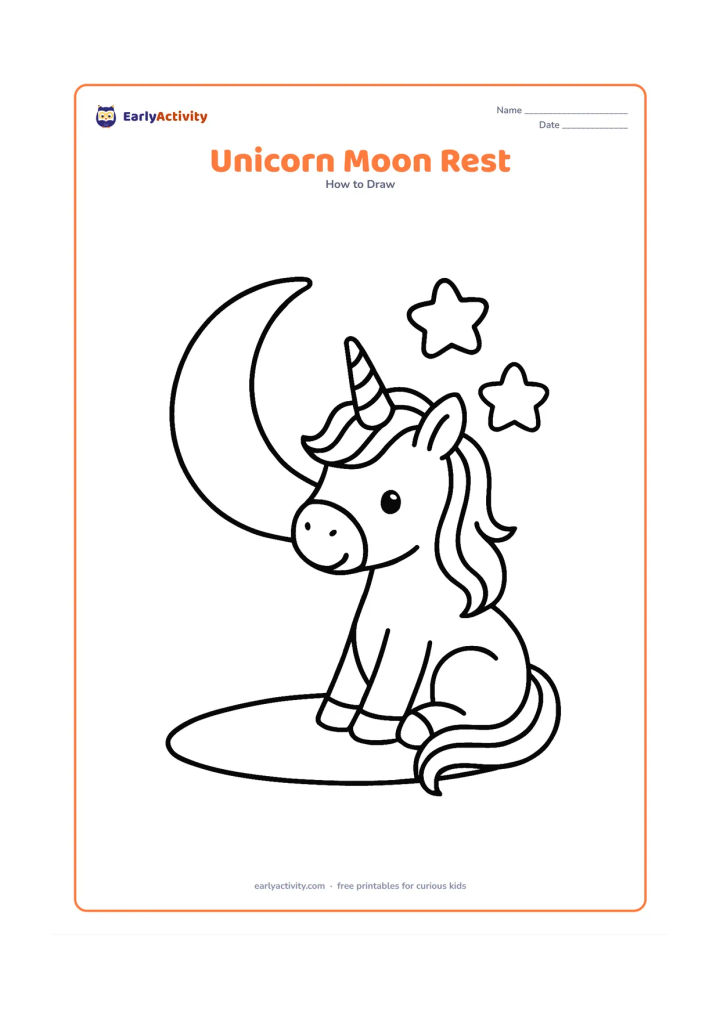 Worksheet: A friendly unicorn sitting beside a large crescent moon and two rounded stars, with its tail curled around its feet. Use very simple outlines and a small patch of ground beneath the unicorn.