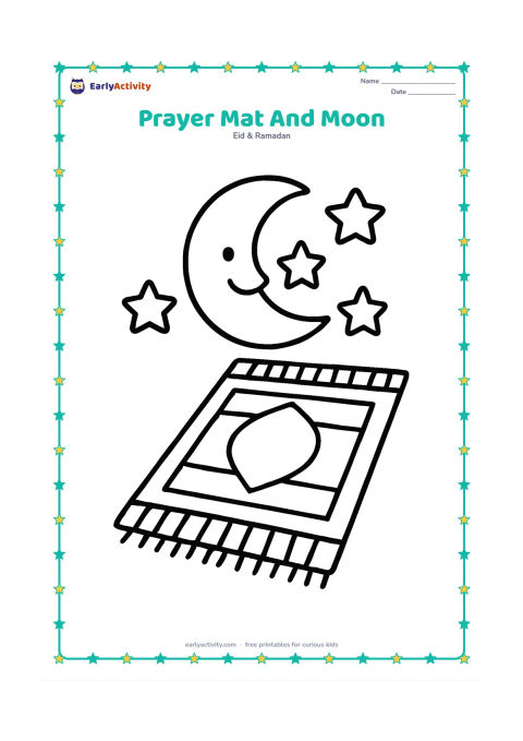 Colouring page: A large patterned prayer mat lies on the floor beneath a smiling crescent moon and three stars. Include only a few broad mat borders and simple geometric shapes.