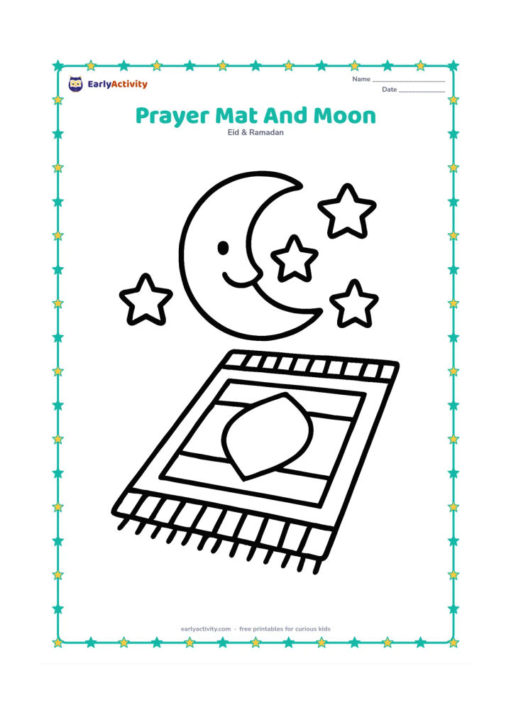 Colouring page: A large patterned prayer mat lies on the floor beneath a smiling crescent moon and three stars. Include only a few broad mat borders and simple geometric shapes.