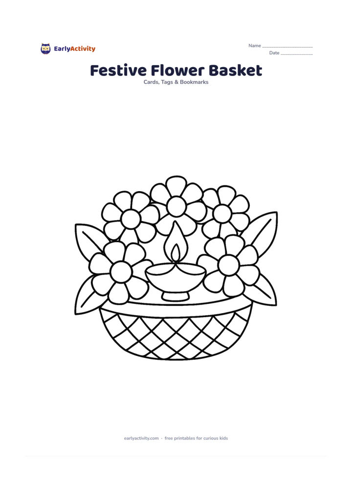 Worksheet: Draw a wide basket filled with large marigold-like flowers and one visible diya in the centre. Add two broad leaves on each side and a blank space above the basket for a greeting.