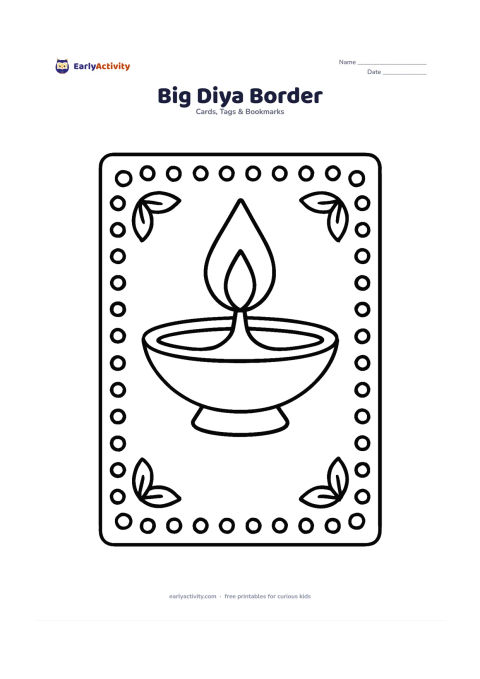 Worksheet: Draw one large diya with a tall flame in the centre of a landscape card, surrounded by a wide border of rounded dots and simple leaves. Leave a completely open area below the diya for a…