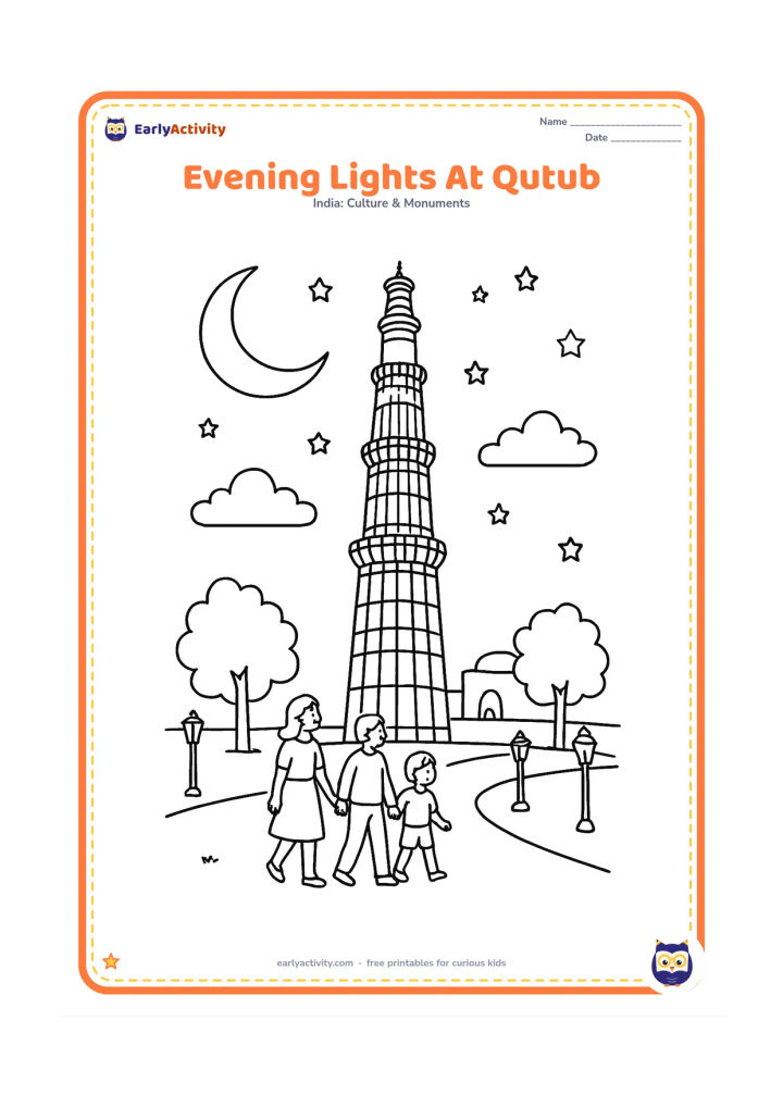 Colouring page: Show Qutub Minar at dusk with a crescent moon, stars, courtyard trees, and visitors walking along a path. Suggest gentle outdoor lamps with simple outlined lamp shapes, without drawing…
