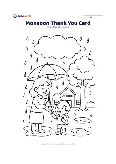 Worksheet: A teacher and child share an umbrella outside a school during gentle monsoon rain, with puddles, a leafy tree and a blank cloud-shaped writing panel in the sky. The mood should be warm…