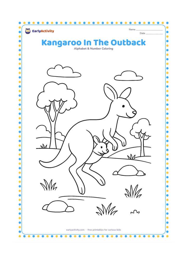 Colouring page: A kangaroo hops across an Australian landscape with a joey visible in its pouch. Include gum trees, low rocks, tufts of grass and a wide sky.