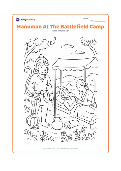 Colouring page: Hanuman stands protectively beside a peaceful healing camp, holding his gada while helpers care for a resting Lakshmana under a canopy. Add medicine plants, water pots, rolled blankets,…