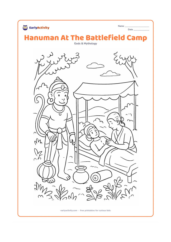 Colouring page: Hanuman stands protectively beside a peaceful healing camp, holding his gada while helpers care for a resting Lakshmana under a canopy. Add medicine plants, water pots, rolled blankets,…
