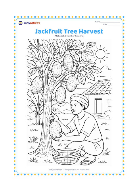 Colouring page: Draw a jackfruit tree in an Indian village garden with several fruits growing from the trunk and branches. Show a farmer carefully collecting one fruit into a basket, with a tiled roof,…