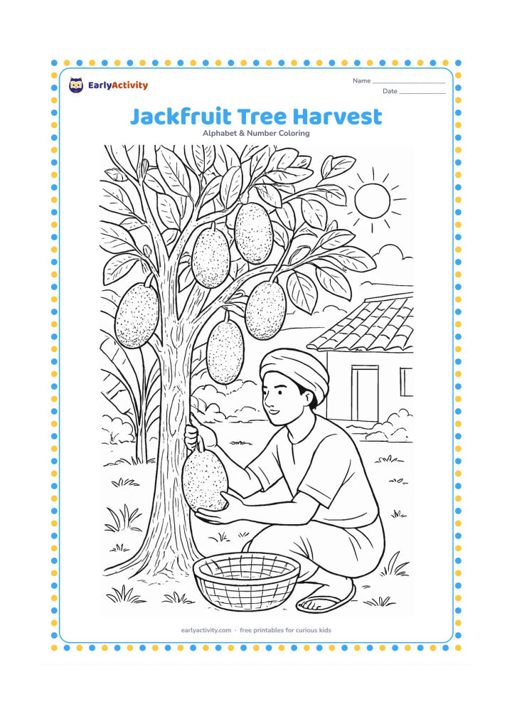 Colouring page: Draw a jackfruit tree in an Indian village garden with several fruits growing from the trunk and branches. Show a farmer carefully collecting one fruit into a basket, with a tiled roof,…