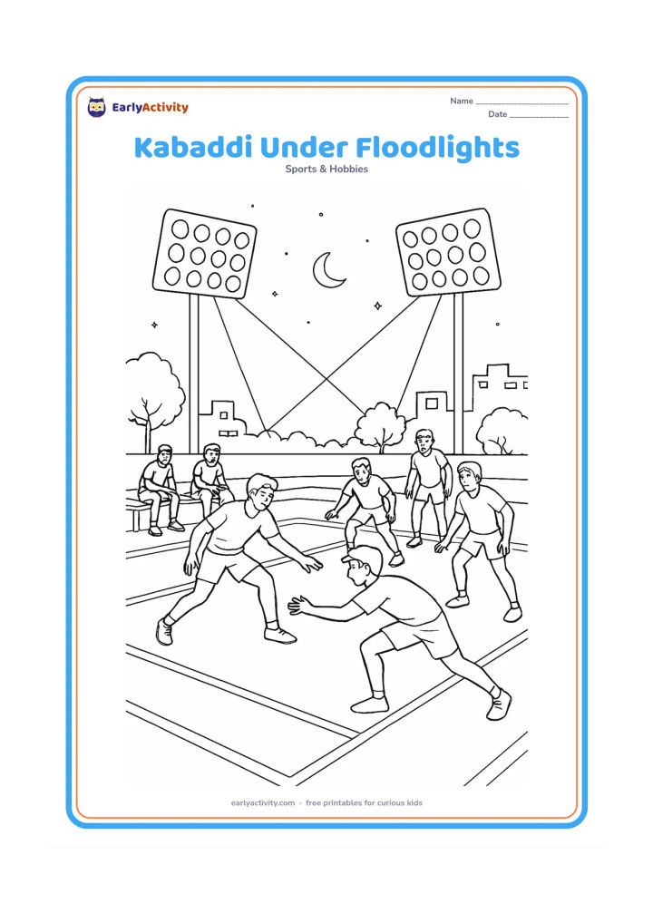 Colouring page: A night kabaddi match takes place under tall floodlights, with a raider reaching for a defender while teammates and substitutes watch from the sideline. Show detailed light beams, a…