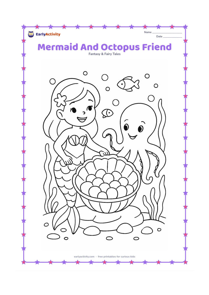 Colouring page: A smiling mermaid and a friendly octopus share a large shell bowl filled with round underwater fruit shapes. Surround them with seaweed, bubbles, small fish and a rocky seabed.