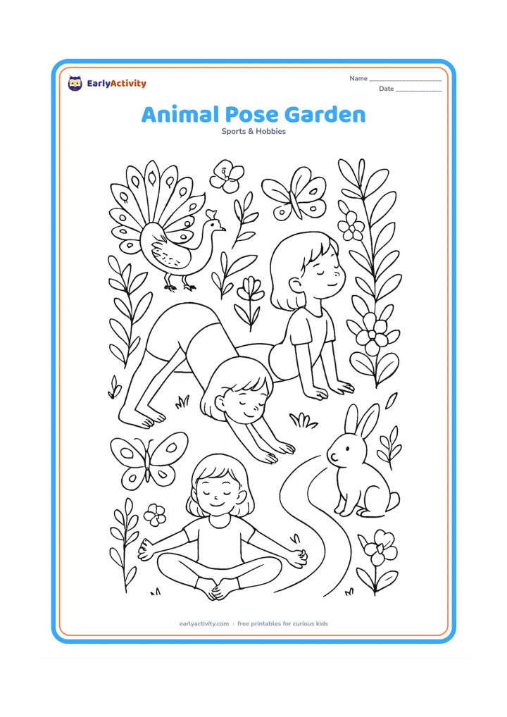Colouring page: A child practises three animal-inspired poses in a botanical garden: a cat stretch, a gentle cobra stretch and a butterfly stretch. Surround the child with a peacock, rabbit,…