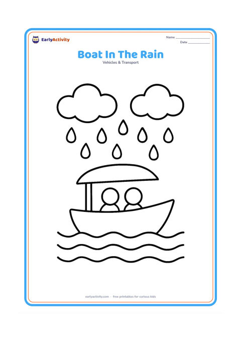 Colouring page: Draw a small covered boat moving across water beneath large raindrops and two puffy clouds. Add three broad waves and a simple rain cover over the passengers.
