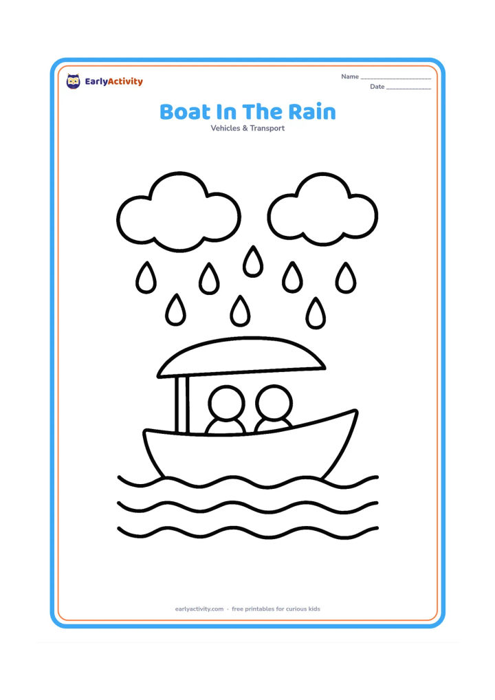 Colouring page: Draw a small covered boat moving across water beneath large raindrops and two puffy clouds. Add three broad waves and a simple rain cover over the passengers.