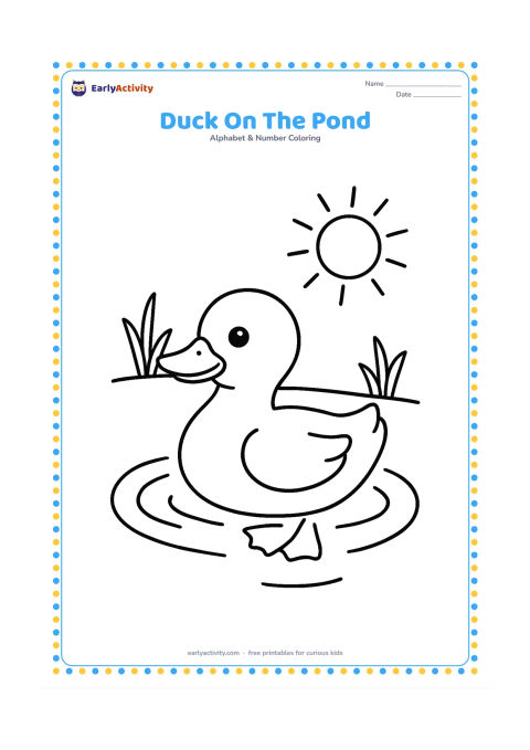 Colouring page: A friendly duck paddles across a small pond with three rounded ripples. Include two simple water plants and a sun in the open sky.