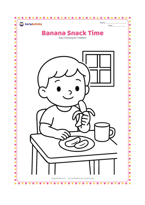 Colouring page: Draw a child seated at a small table, holding a peeled banana near a plate with two banana pieces. Add a cup and a simple kitchen window in the background.