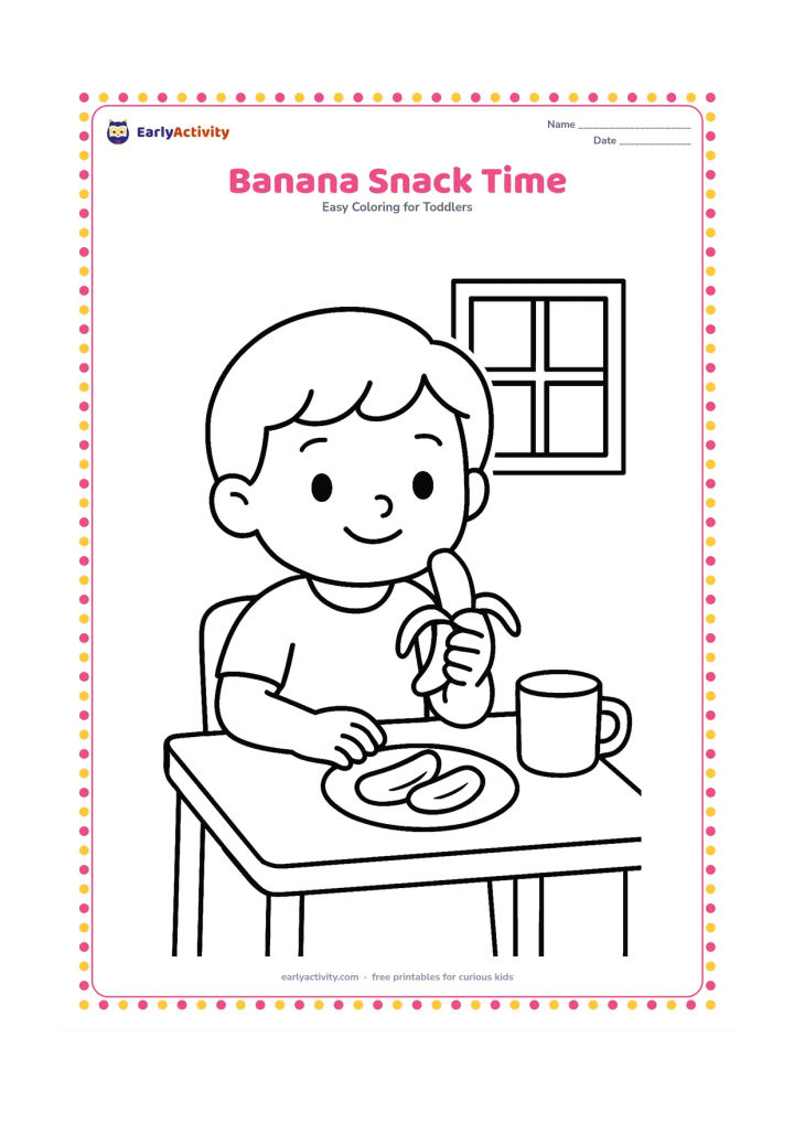 Colouring page: Draw a child seated at a small table, holding a peeled banana near a plate with two banana pieces. Add a cup and a simple kitchen window in the background.