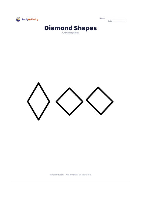 Worksheet: Arrange three large diamond-shaped outlines in a row, with one tall diamond, one wide diamond, and one medium diamond rotated differently. Leave ample cutting space around each.