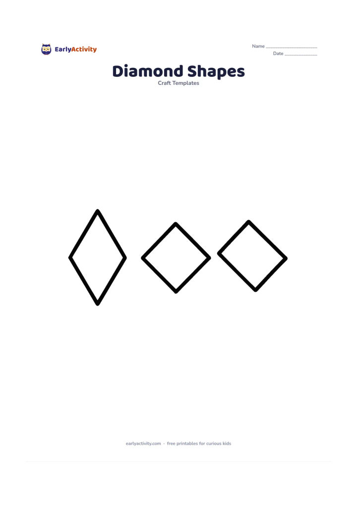 Worksheet: Arrange three large diamond-shaped outlines in a row, with one tall diamond, one wide diamond, and one medium diamond rotated differently. Leave ample cutting space around each.