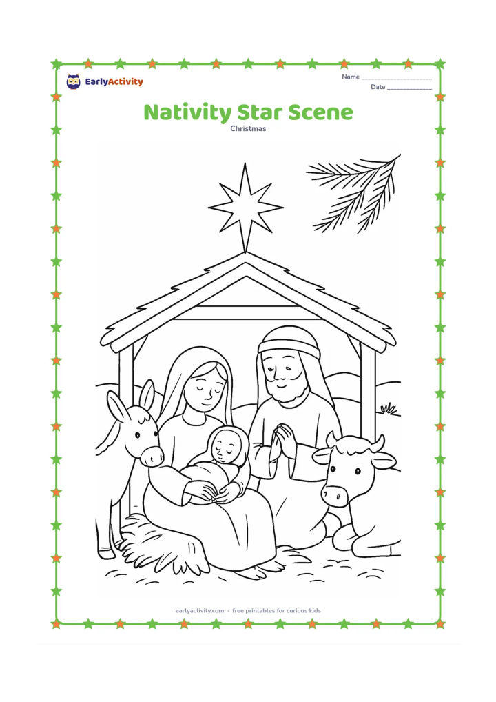 Colouring page: A peaceful Christmas nativity scene shows Mary, Joseph and a baby resting in a simple stable with friendly animals nearby. Place a large star above the stable, add hay, an evergreen…