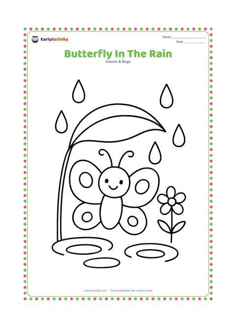 Colouring page: Draw one butterfly sheltering beneath a large leaf while simple raindrops fall around it. Include a short stem, two puddle ripples, and one nearby flower.