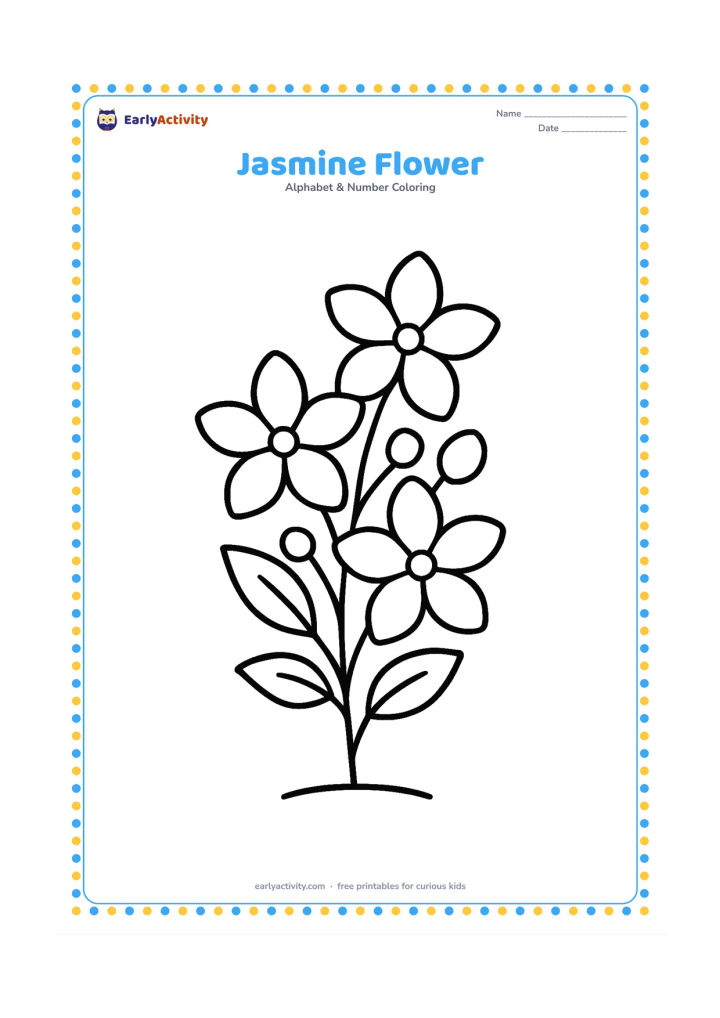Colouring page: Draw a short leafy jasmine stem with three large five-petal flowers and a few round buds. Centre the stem on the page with a small patch of ground below.