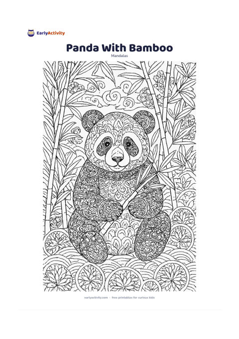Colouring page: Place a seated panda holding a bamboo stem in the centre. Surround it with overlapping bamboo leaves, rounded paw and fur patterns, mountain curves, cloud forms, and repeating circular…