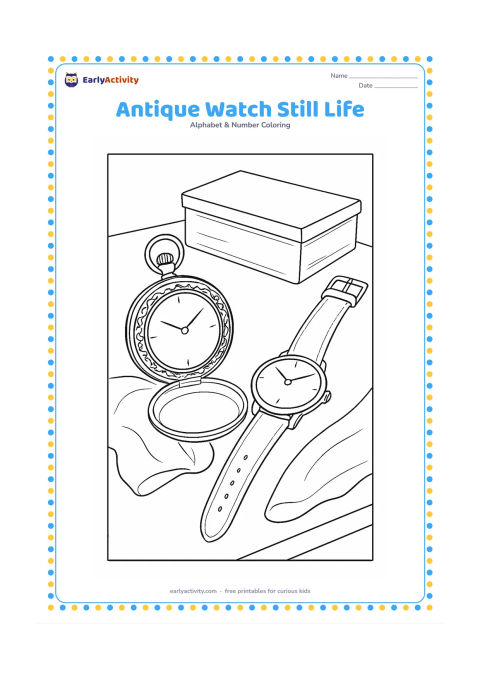 Colouring page: Draw a detailed open pocket watch beside a wristwatch, a small cloth, and a wooden box on a tabletop. Add soft folds and gentle shadows, but keep both watch faces free of numbers or…