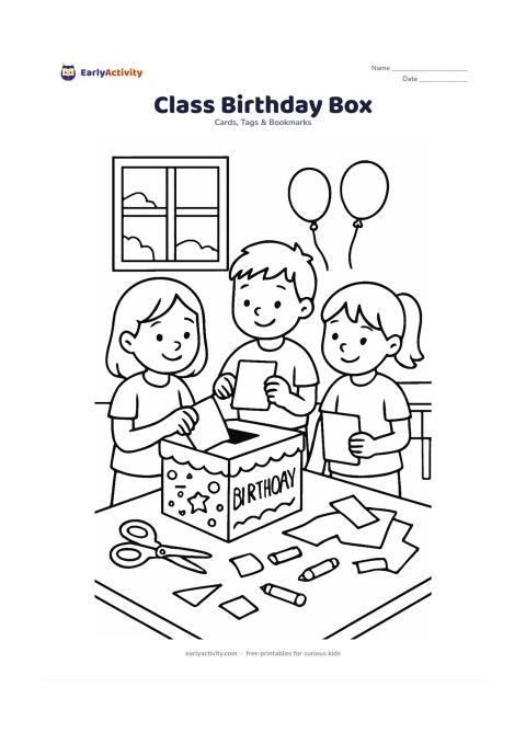 Worksheet: Show three primary-school children placing handmade blank cards into a decorated classroom birthday box, with crayons, scissors and paper scraps on a nearby table. Add a window, desks…