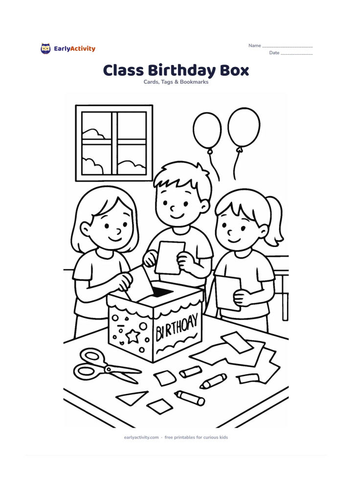Worksheet: Show three primary-school children placing handmade blank cards into a decorated classroom birthday box, with crayons, scissors and paper scraps on a nearby table. Add a window, desks…
