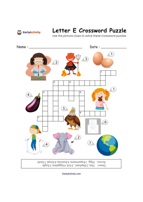 Worksheet with a letter E crossword puzzle, picture clues, name and date lines, and images including eggs, an eggplant, an elephant, and Earth.
