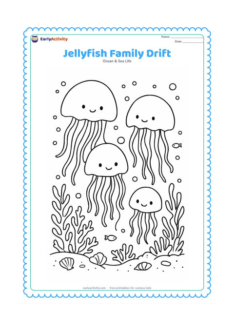 Colouring page: Draw a group of four jellyfish of different sizes drifting together in a gentle current. Surround them with varied coral, seaweed, bubbles, tiny fish and a sandy seabed with shells.