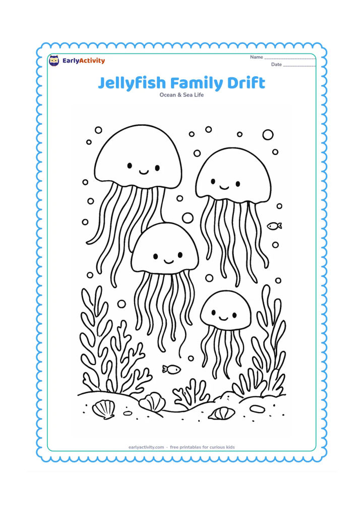 Colouring page: Draw a group of four jellyfish of different sizes drifting together in a gentle current. Surround them with varied coral, seaweed, bubbles, tiny fish and a sandy seabed with shells.