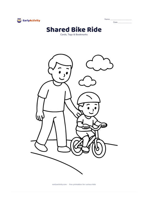 Worksheet: Draw a father walking beside a child riding a small bicycle with training wheels, with two clouds and a broad path underneath. Both figures should face forward in a friendly outdoor scene.
