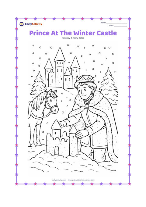 Colouring page: A prince in a fur-trimmed cape builds a small snow castle outside a larger snow-covered palace. Include a horse with a blanket, pine trees, snow-covered towers, and falling snowflakes.
