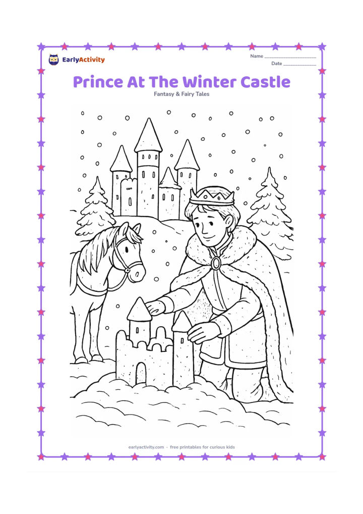 Colouring page: A prince in a fur-trimmed cape builds a small snow castle outside a larger snow-covered palace. Include a horse with a blanket, pine trees, snow-covered towers, and falling snowflakes.