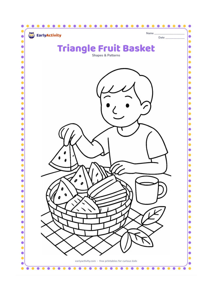 Colouring page: A woven basket holds triangular watermelon pieces, pineapple wedges, sandwich halves, and other fruit arranged on a cloth. Add leaves, a cup, and a child reaching for one slice at a…