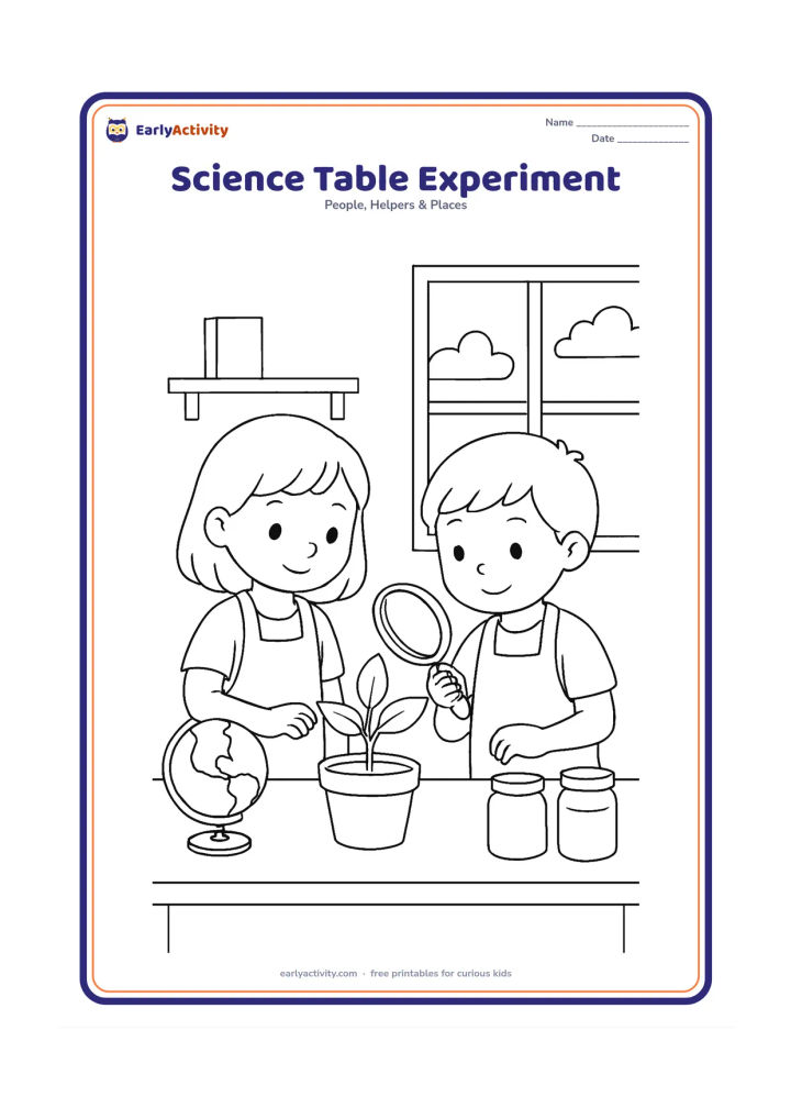 Colouring page: Two children in simple aprons examine a potted plant and a magnifying glass on a classroom science table. Include a globe, two jars, a shelf and a window with clouds.