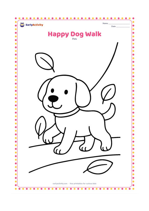 Colouring page: Draw a small dog walking beside a simple leash that curves upward out of the picture, with one front paw raised. Add a few large leaves and a straight path.
