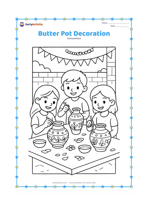 Colouring page: Draw three children decorating different matkis with flowers, leaf shapes, dots, and simple geometric bands at a low table. Include butter bowls, brushes, loose petals, a courtyard wall,…
