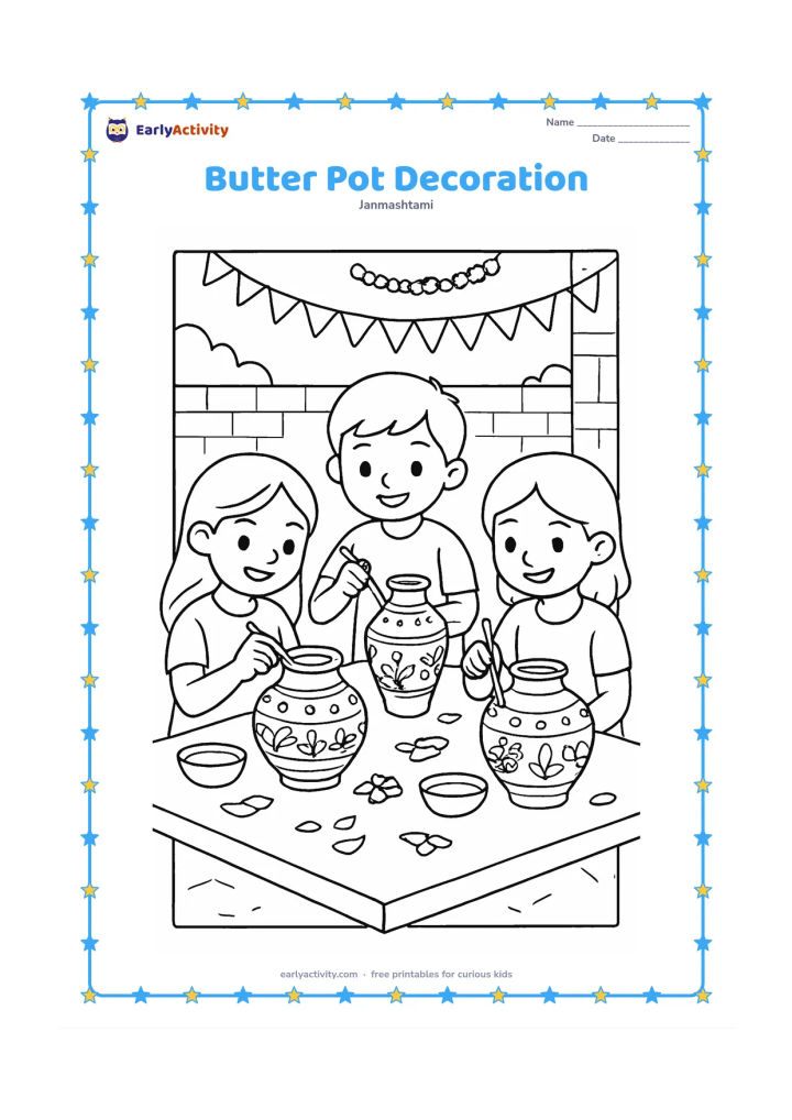 Colouring page: Draw three children decorating different matkis with flowers, leaf shapes, dots, and simple geometric bands at a low table. Include butter bowls, brushes, loose petals, a courtyard wall,…