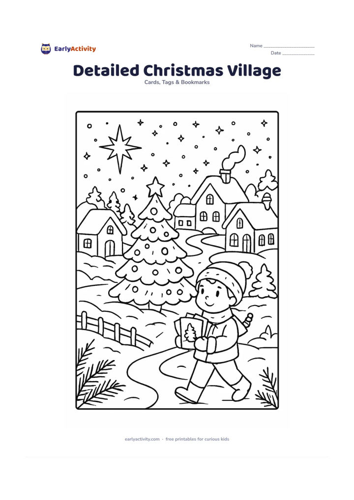 Worksheet: Draw a detailed evening Christmas village with snow-topped houses, glowing windows, a central decorated tree and a child carrying a bundle of handmade cards. Add winding paths, fences,…