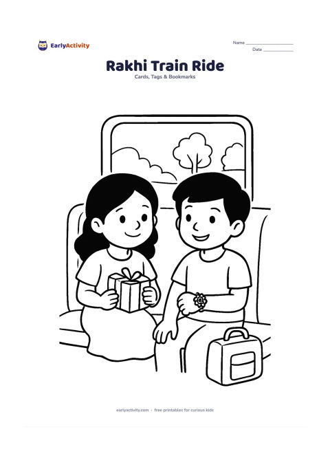 Worksheet: Show two cousins sitting together by a train window, one holding a rakhi gift while the other wears a newly tied rakhi; include a simple seat, window, passing trees, and a small travel…