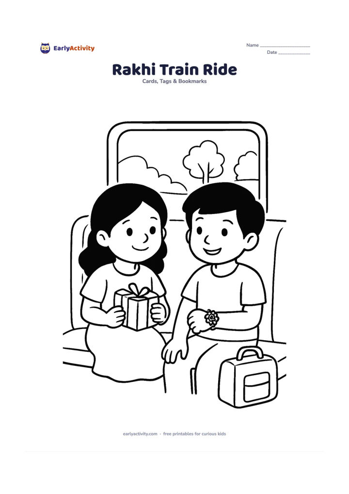 Worksheet: Show two cousins sitting together by a train window, one holding a rakhi gift while the other wears a newly tied rakhi; include a simple seat, window, passing trees, and a small travel…