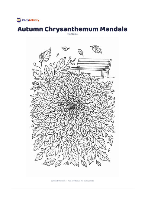 Colouring page: Form a dense mandala from layered chrysanthemum petals, curling leaves and small seed heads, with autumn leaves woven into the outer rings. Add a wooden park bench and a few falling…