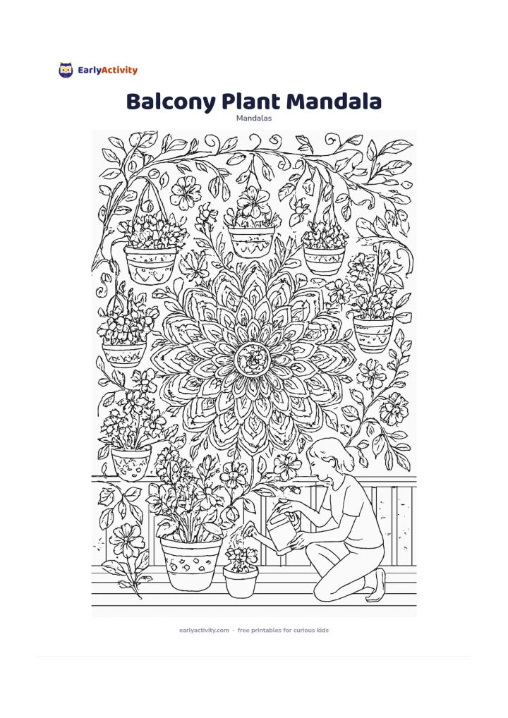 Colouring page: Arrange flowering balcony plants, hanging pots, vines and leaves into a large radial mandala viewed from above. Include an adult kneeling to water a pot, a simple railing, a distant tree…