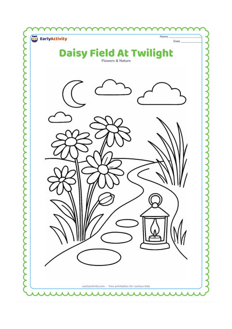 Colouring page: Draw daisies with some petals partly closed as daylight fades, beside a garden path, tall grasses, a crescent moon and soft clouds. Include a small lantern placed safely on the path.