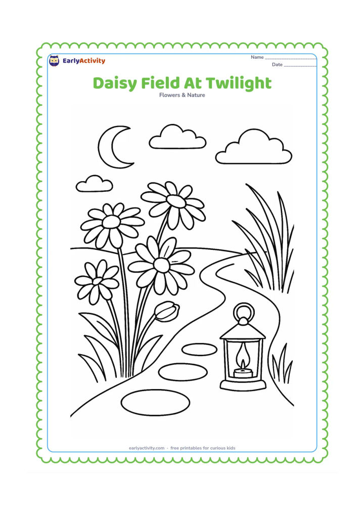Colouring page: Draw daisies with some petals partly closed as daylight fades, beside a garden path, tall grasses, a crescent moon and soft clouds. Include a small lantern placed safely on the path.